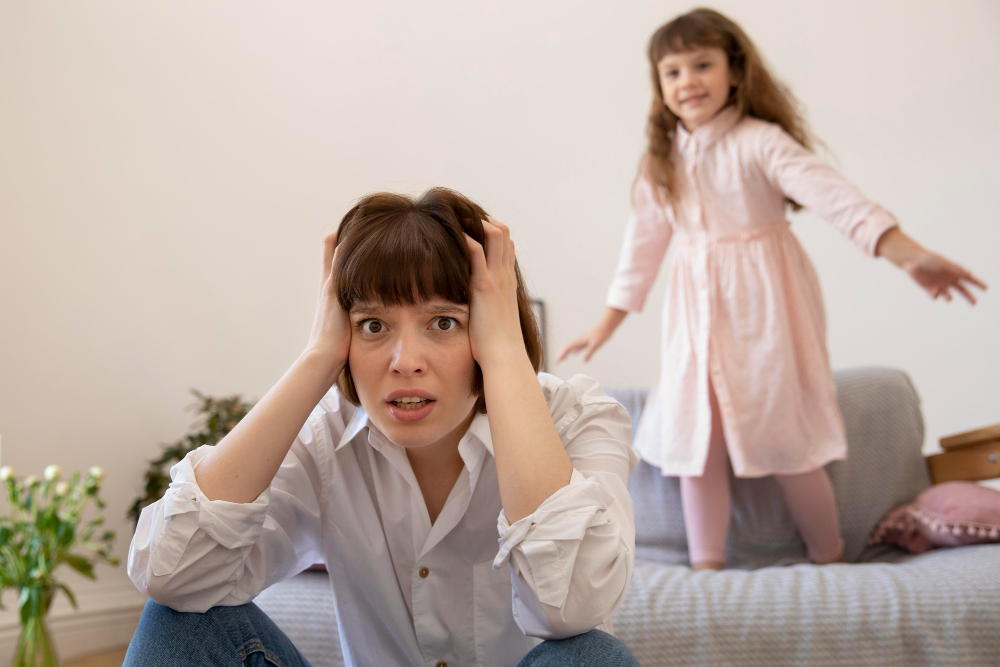 This is an image of a stressed mother of an daughter suffering from ADHD during child development.